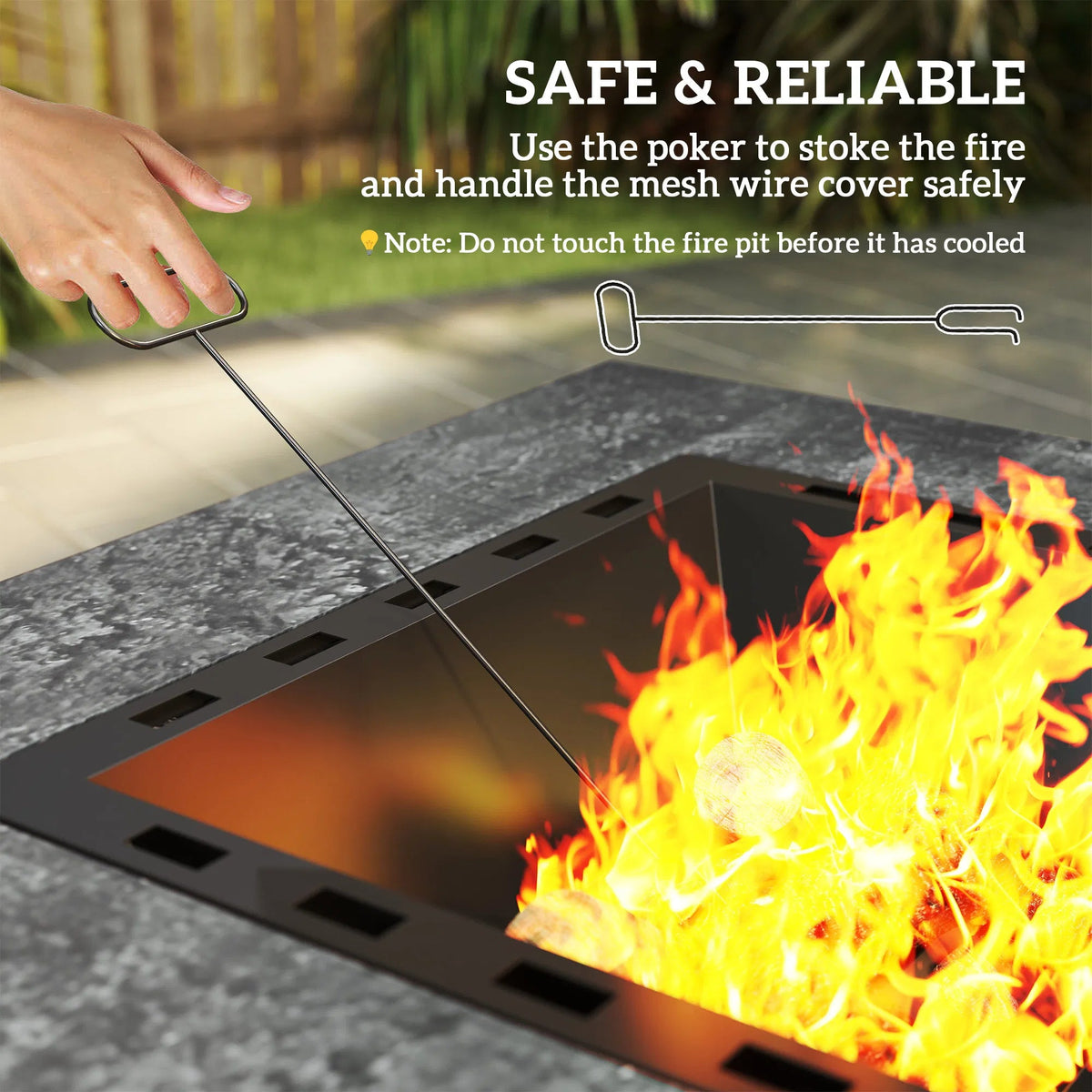 Stone-Texture Wood Burning Fire Pit with Mesh Lid & Poker — Charcoal Grey