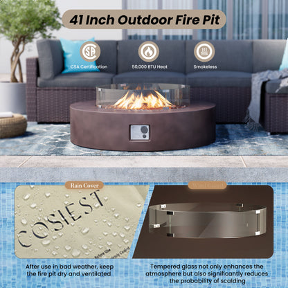 Outdoor Propane Fire Pit Coffee Table W Wind Guard, Amber Yellow Fire Glass
