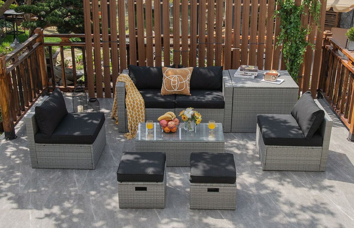 8 Pieces Patio Rattan Furniture Set with Storage Waterproof Cover and Cushion