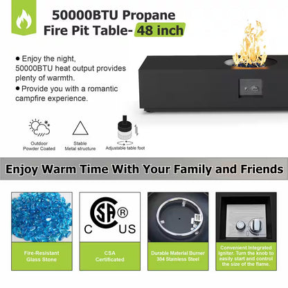 48 In, 50,000 BTU Black Coating Steel Outdoor Fire Table Propane Gas Fire Pit Table