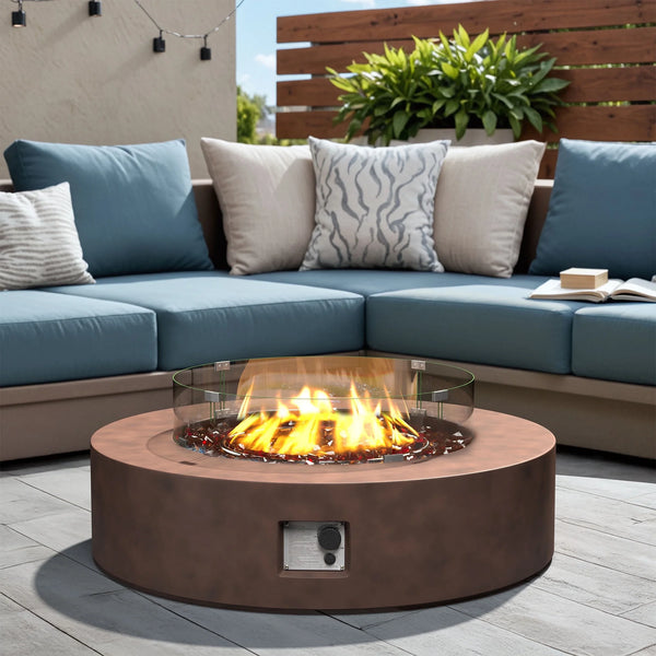 Outdoor Propane Fire Pit Coffee Table W Wind Guard, Amber Yellow Fire Glass