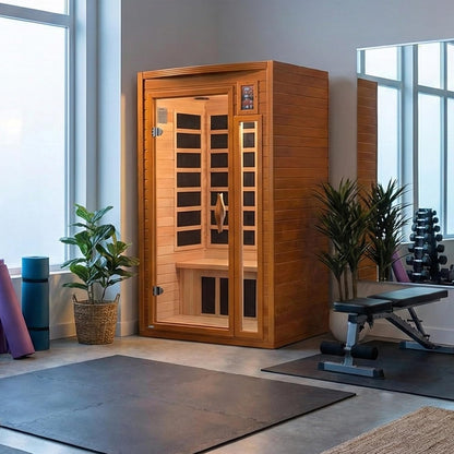 DYNAMIC SAUNAS Barcelona 1-2 Person Infrared Sauna with Red Light Therapy | 1-2 Person Indoor Dry Heat Sauna for Home & Gym, Low EMF FAR, 360° Heating, Bluetooth, Solid Canadian Hemlock, Spacious Cabin