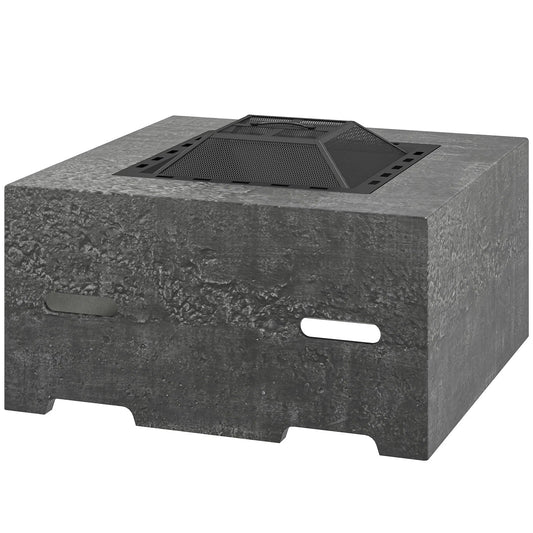 Stone-Texture Wood Burning Fire Pit with Mesh Lid & Poker — Charcoal Grey