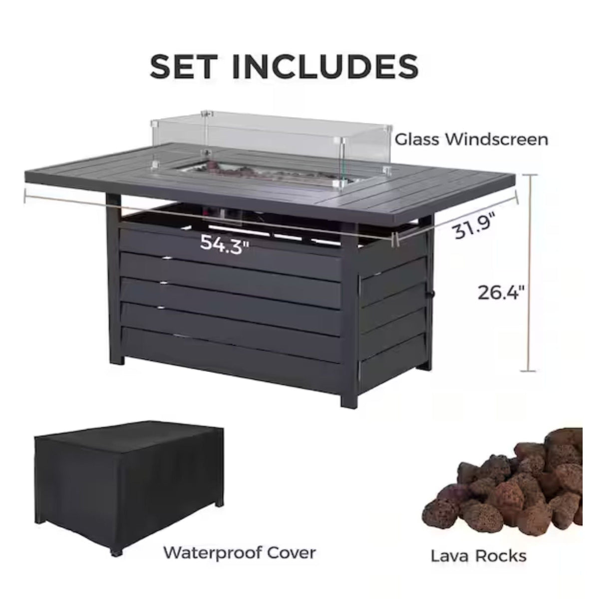 Rectangular Propane Fire Pit Table with Stainless Burner - Black, Dark Gray, White